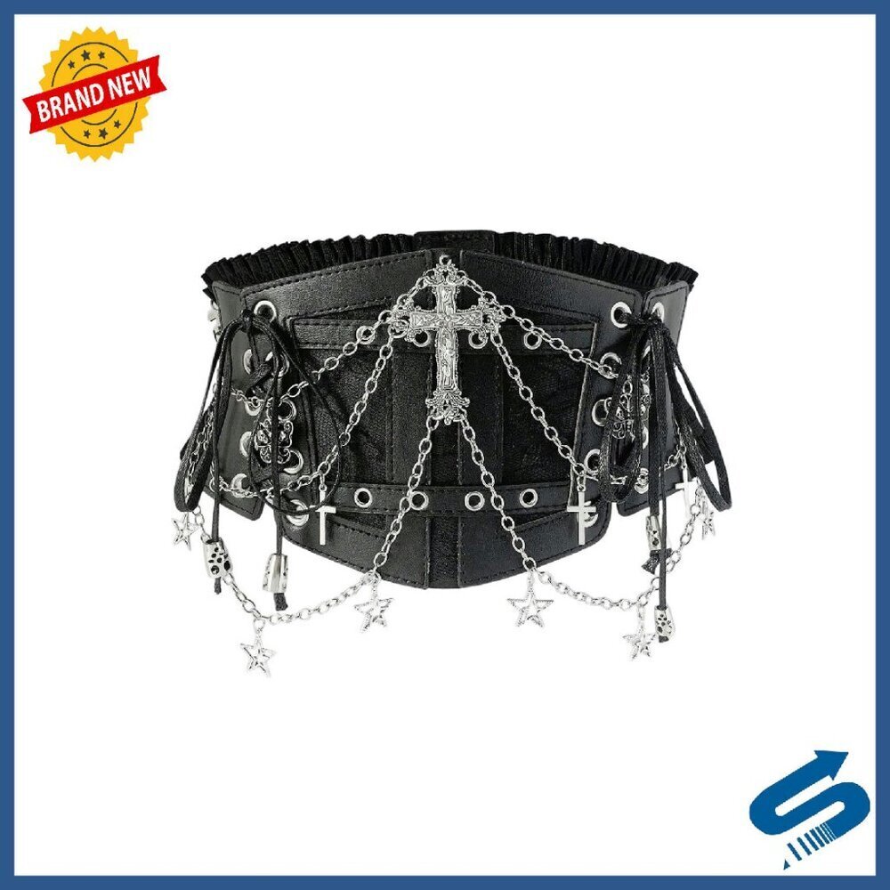 Faux Leather Corset Belt with Chain Cross Lace Up Elastic Waist